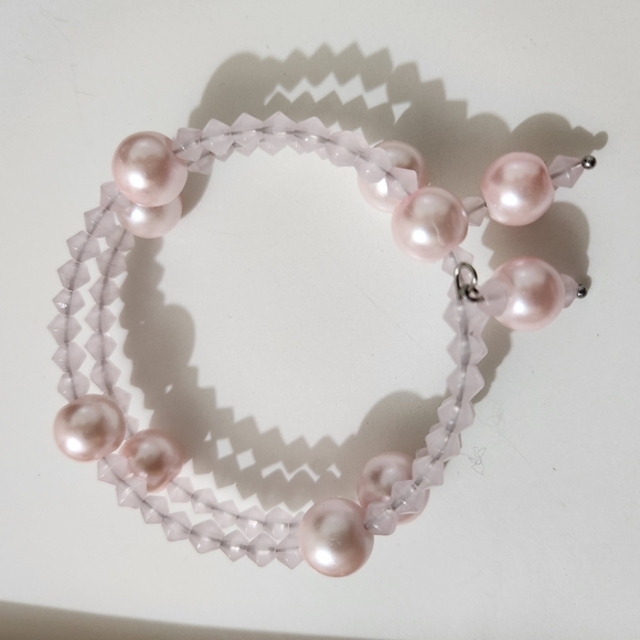 Hand Crafted Faux Pearl and Crystal Bracelet Pink Memory Wire Wrap Bead Charms - Picture 3 of 7